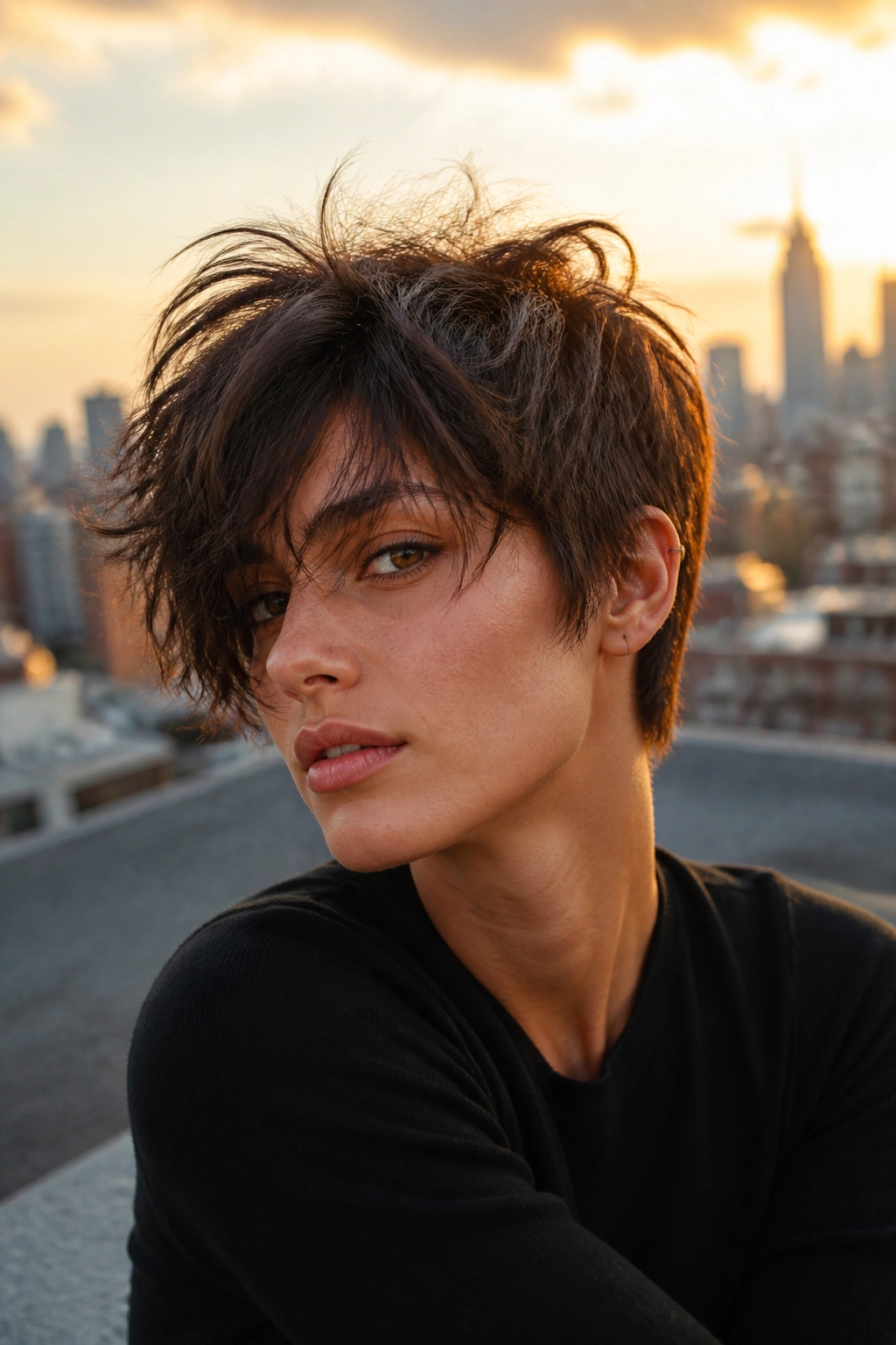Close-up portrait of a real woman with wolfish pixie and tousled layers.