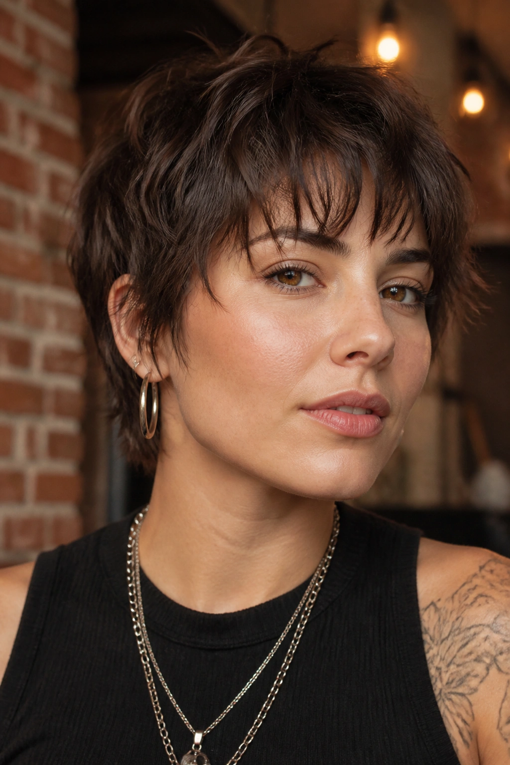 Close-up portrait of a real woman with wolfish shag pixie-bob and chopped fringe.