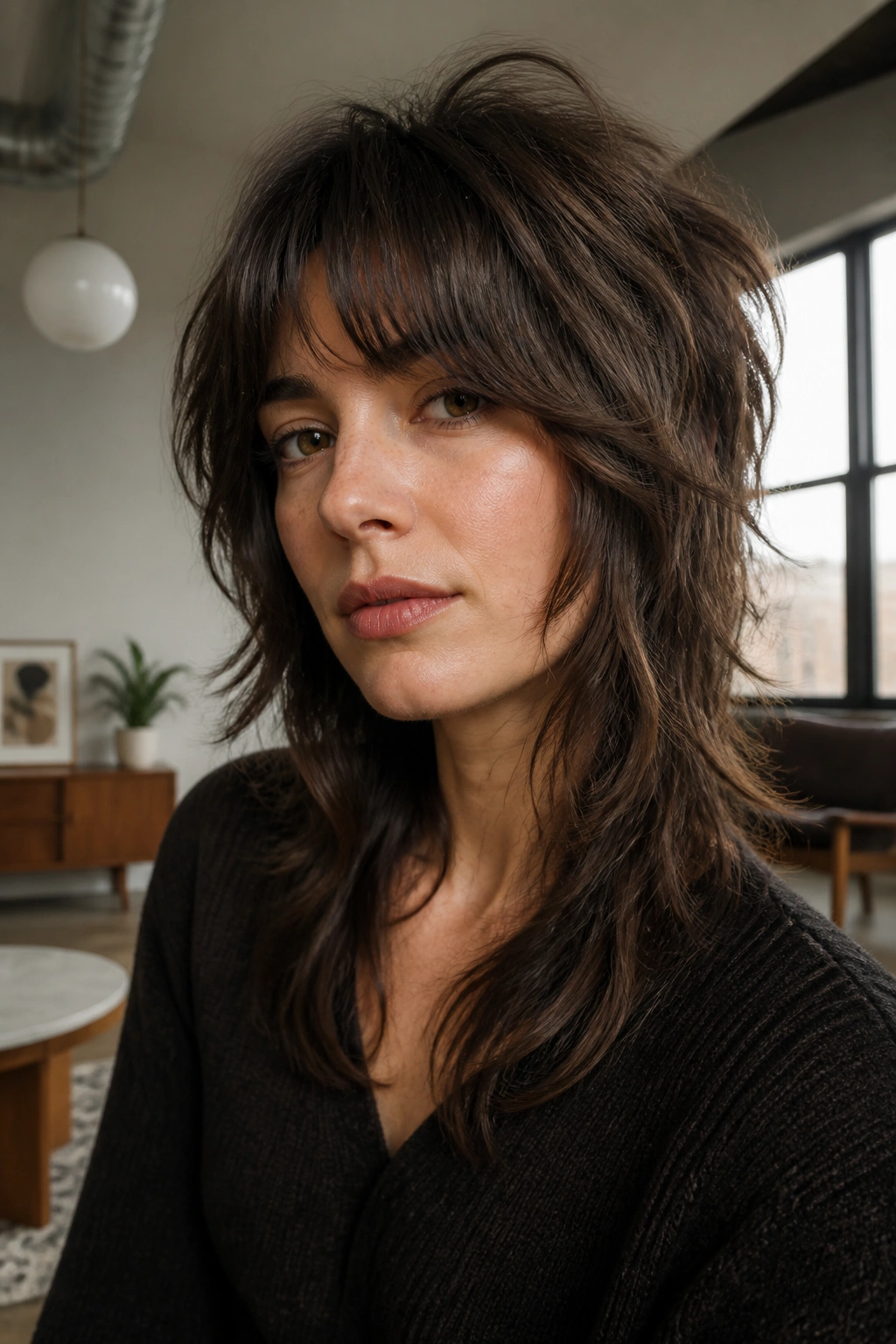 Close-up of a real person with a soft wolfish shag and curtain fringe in a sunlit loft