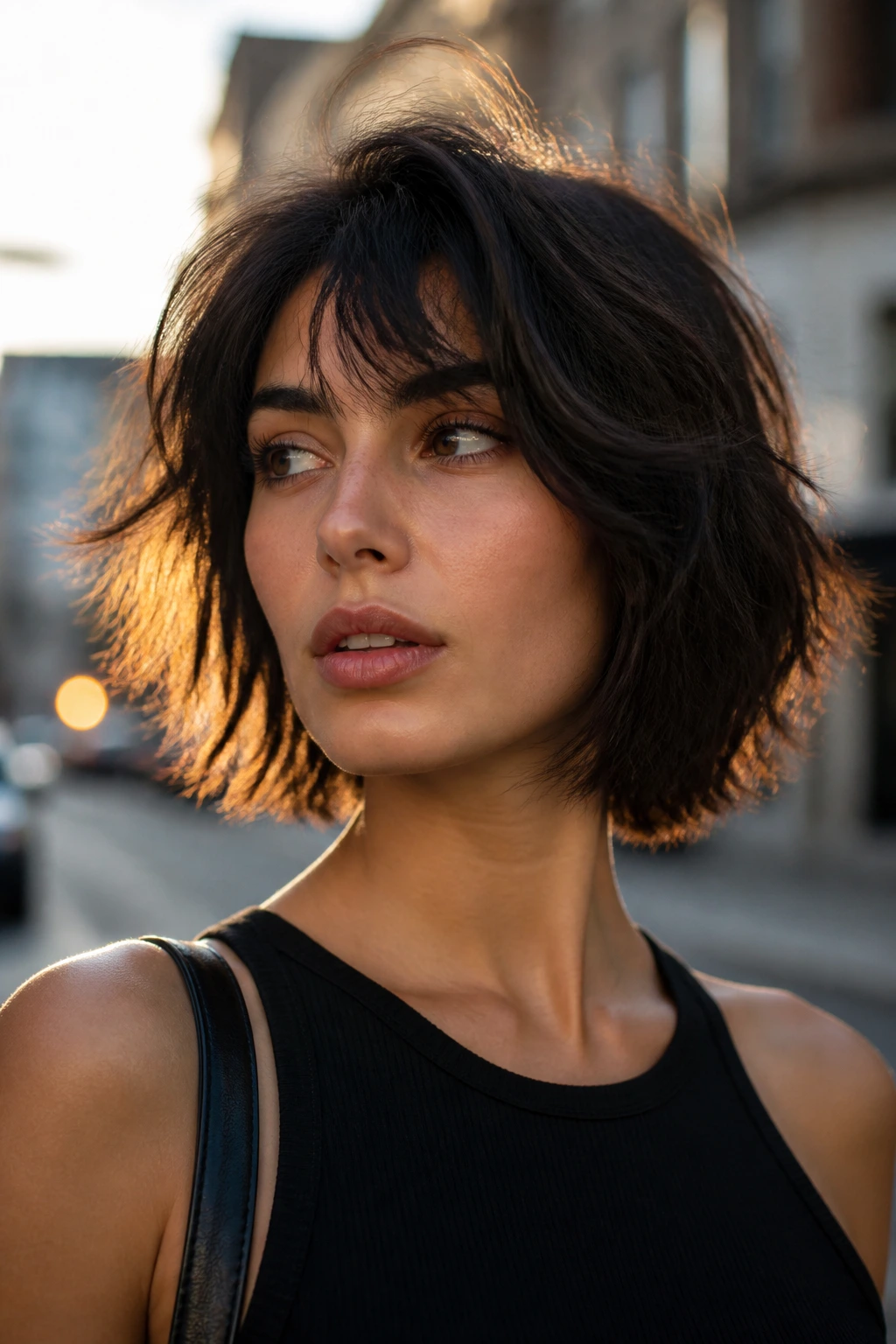 Real person with wolfy bob hybrid featuring crown lift and textured ends