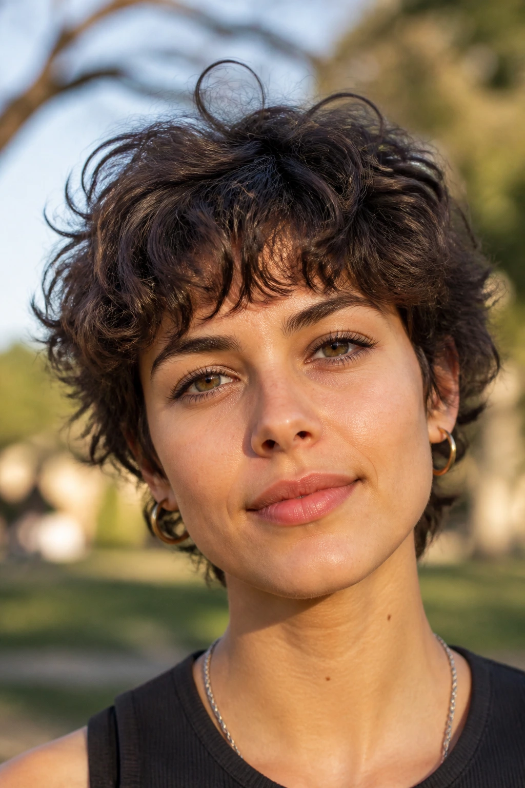 Close-up of a real person with wolfy curly crop and shag fringe in park sunlight