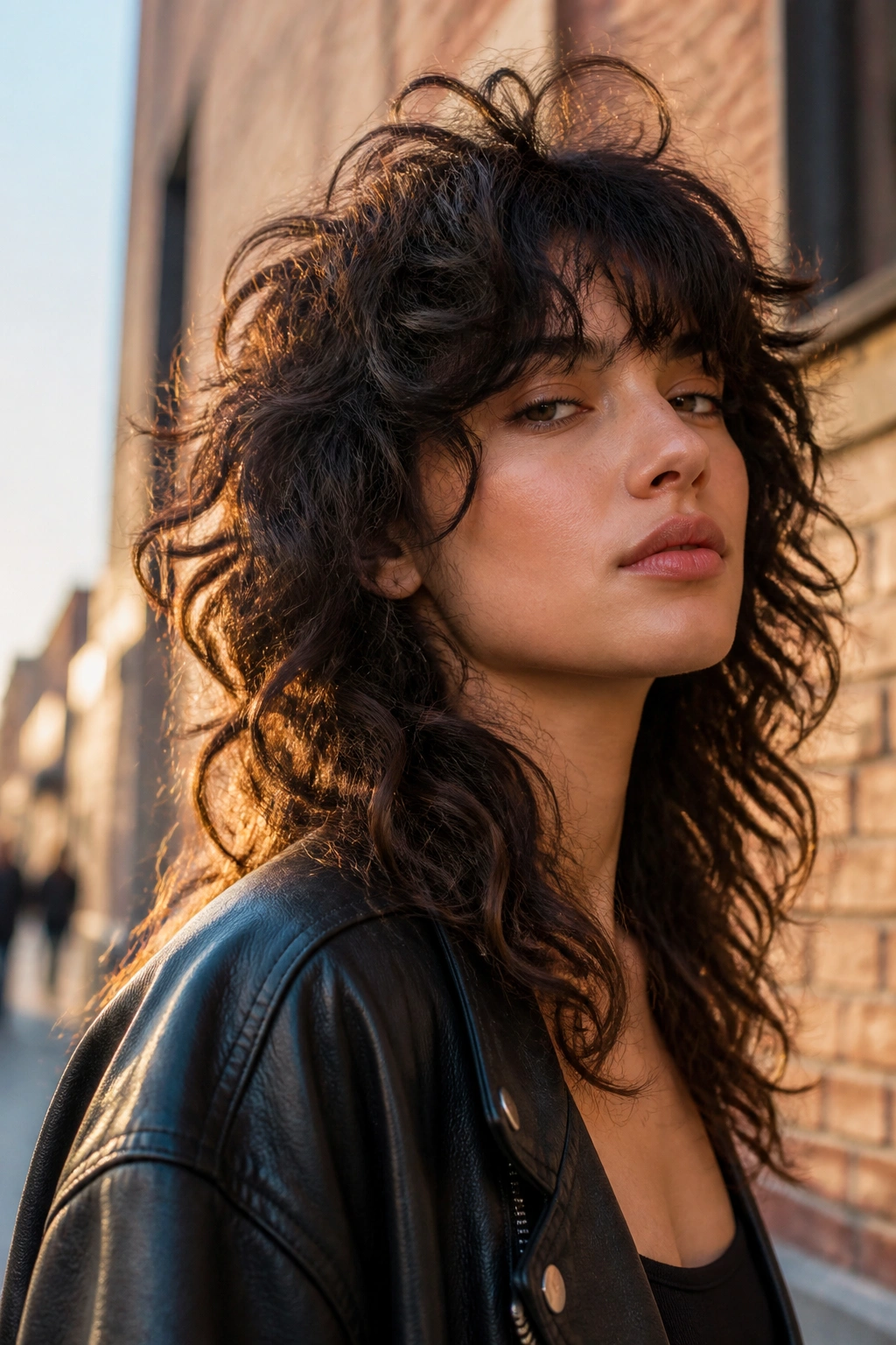 Close-up portrait of a real woman with wolfy long curly shag and lifted crown