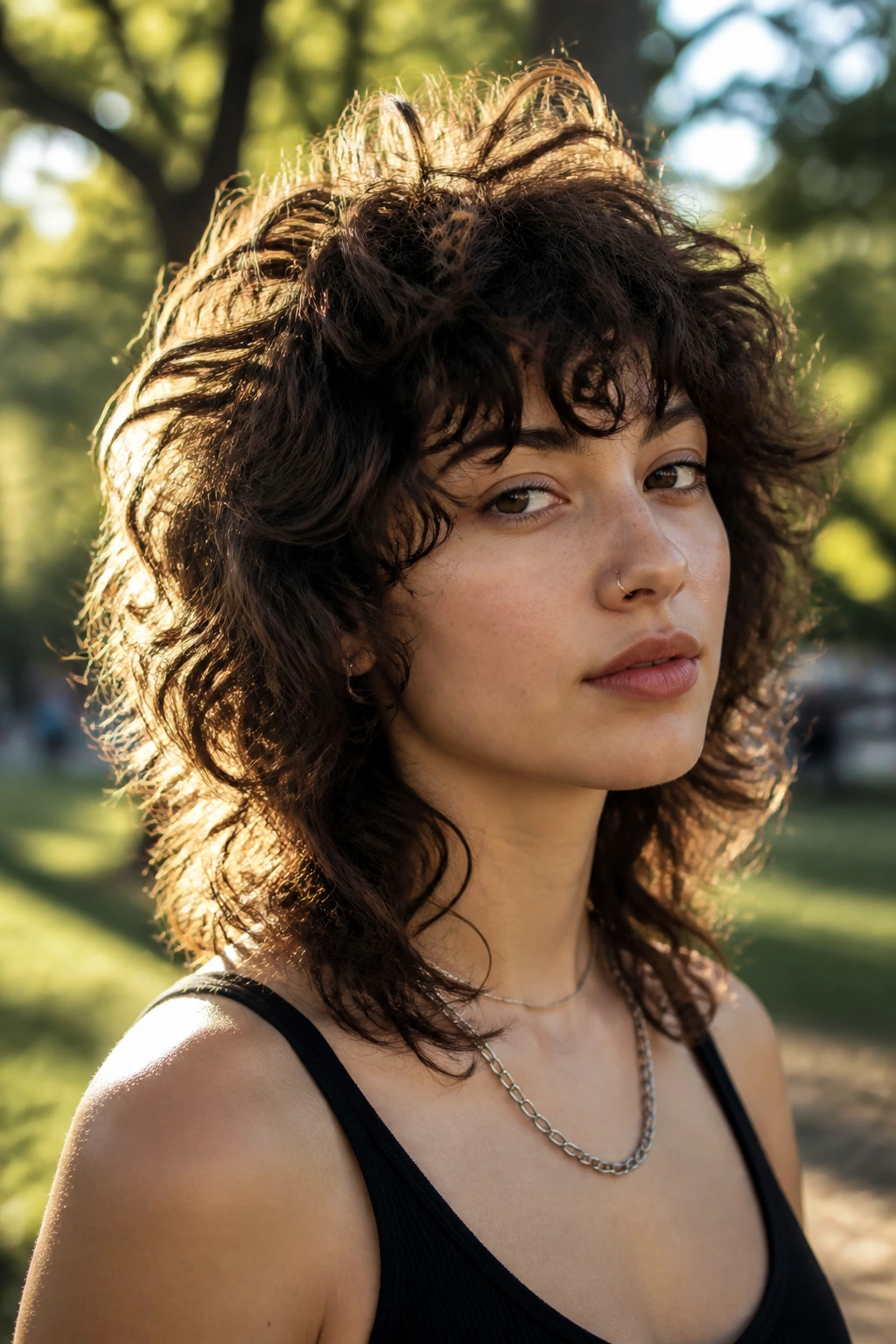 Real woman with wolfy curly shag with crown height and choppy layers in a park setting.