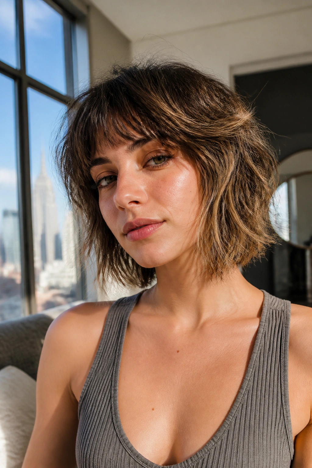 Close-up of a real woman with wolfy shag bob showing layered crown