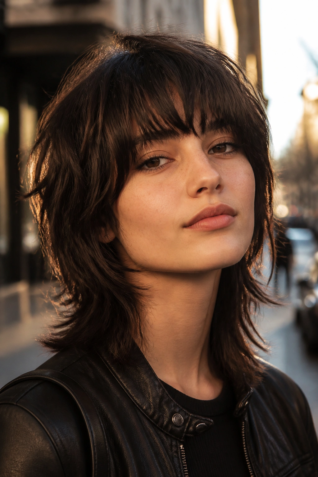 Portrait of a woman with a wolfy shag and full heavy bangs