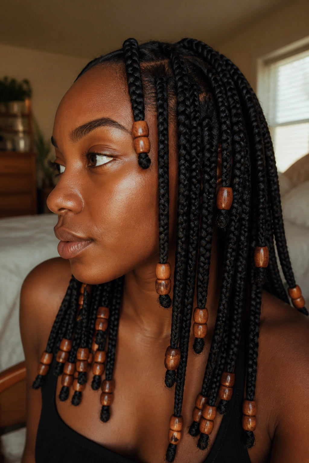 Real person with box braids featuring wooden beads for earthy texture