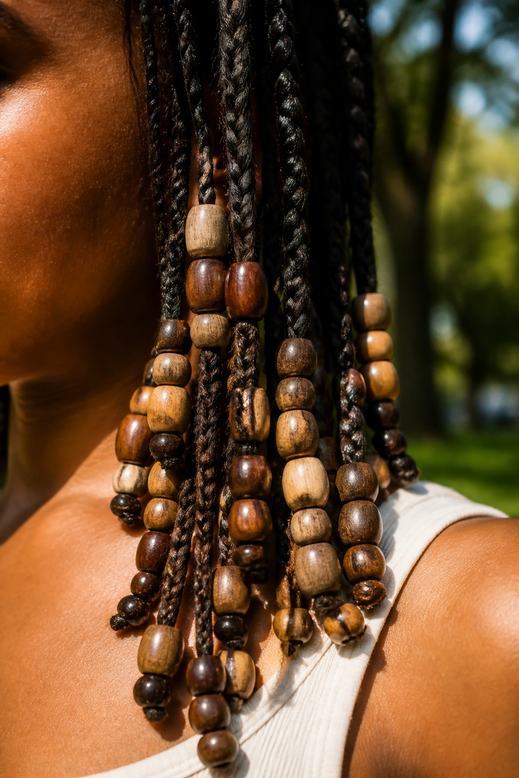 Close-up of wooden beads on hair ends with natural wood grain in park light