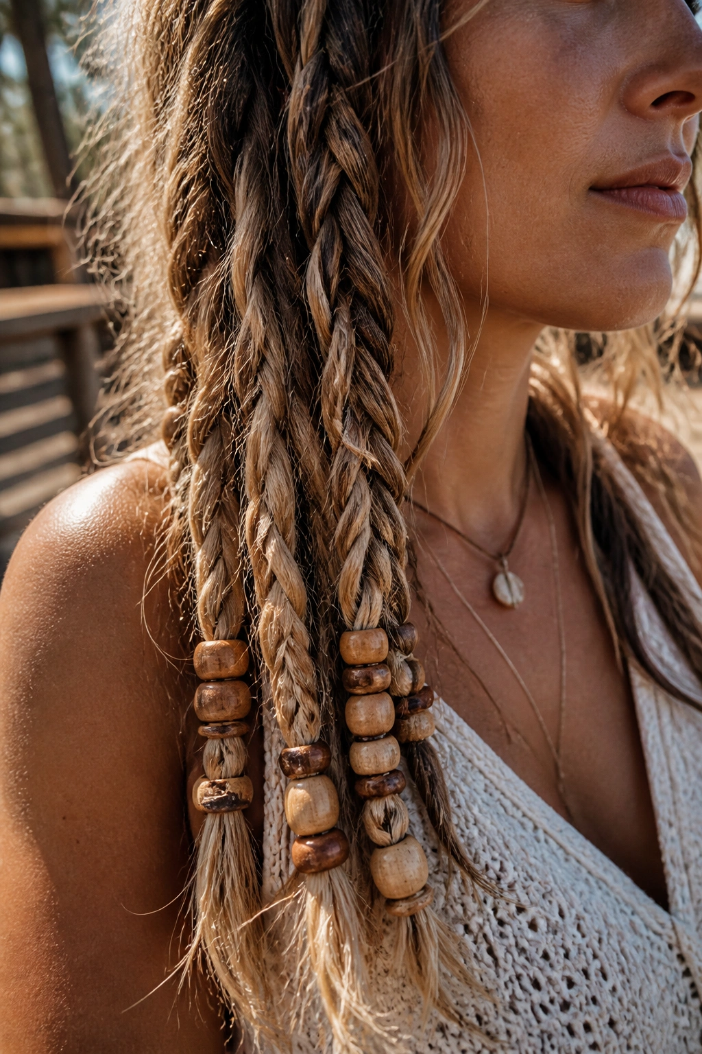 Rope braid with wooden beads clustered near the ends in a rustic outdoor setting.