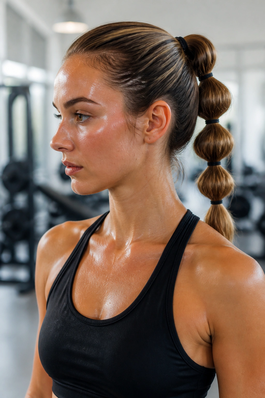 Portrait of a real woman in athletic wear with a mid-height workout-ready bubble ponytail