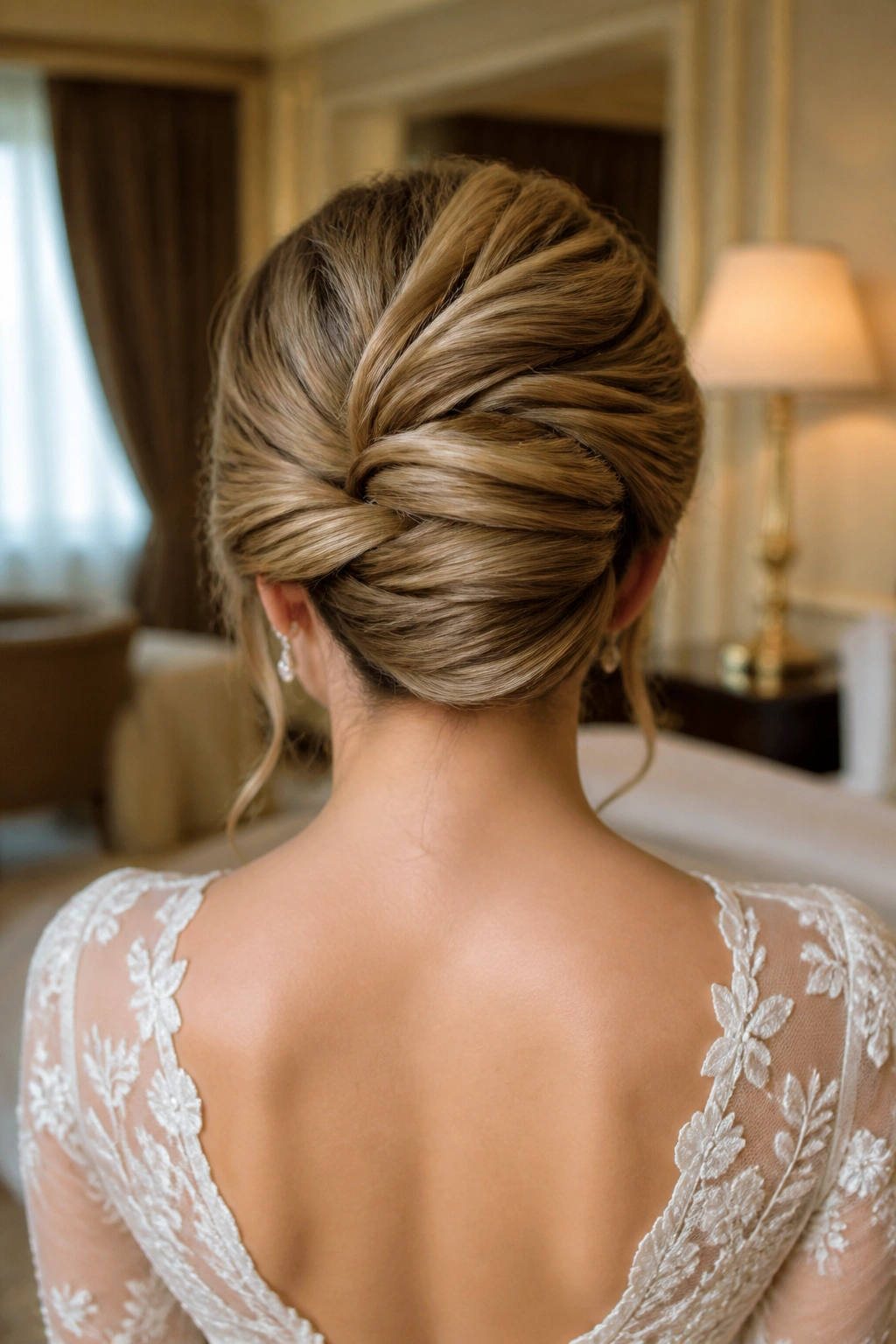 Back view of real bride with woven French twist in long hair