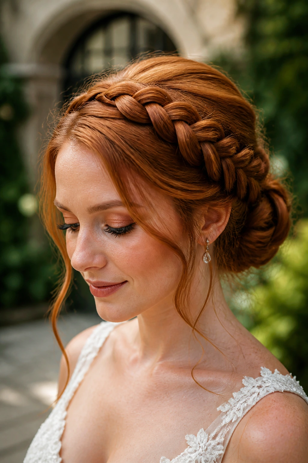 Close-up of woven halo updo with hidden bun on auburn hair