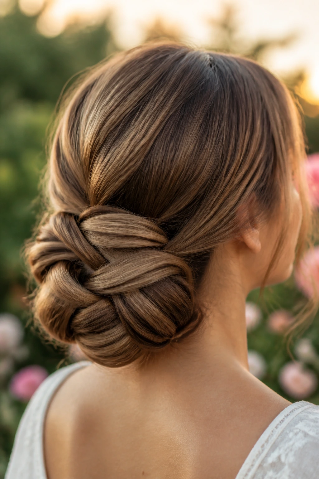 Close-up of real woman's oversized woven low bun in golden hour light