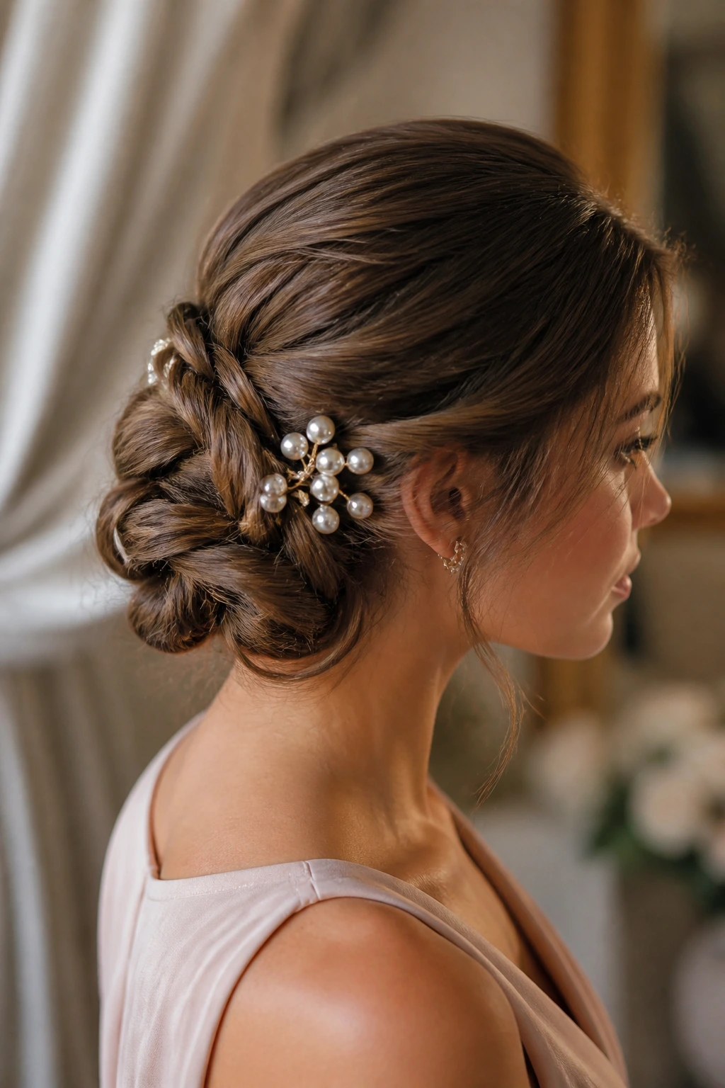 Close-up of a real woman wearing a woven updo with pearl pins along the edge