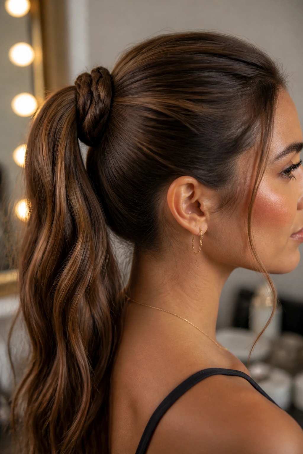 Close-up of a real woman with a wrap-around braid at the base of a ponytail