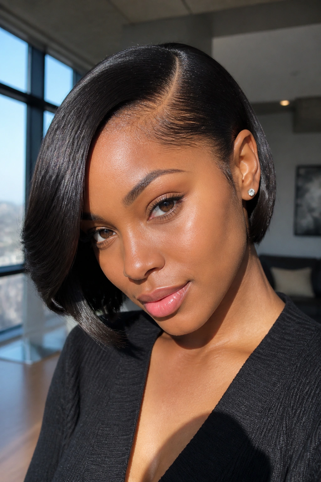 Close-up of a real woman wearing a deep side-parted wrap bob