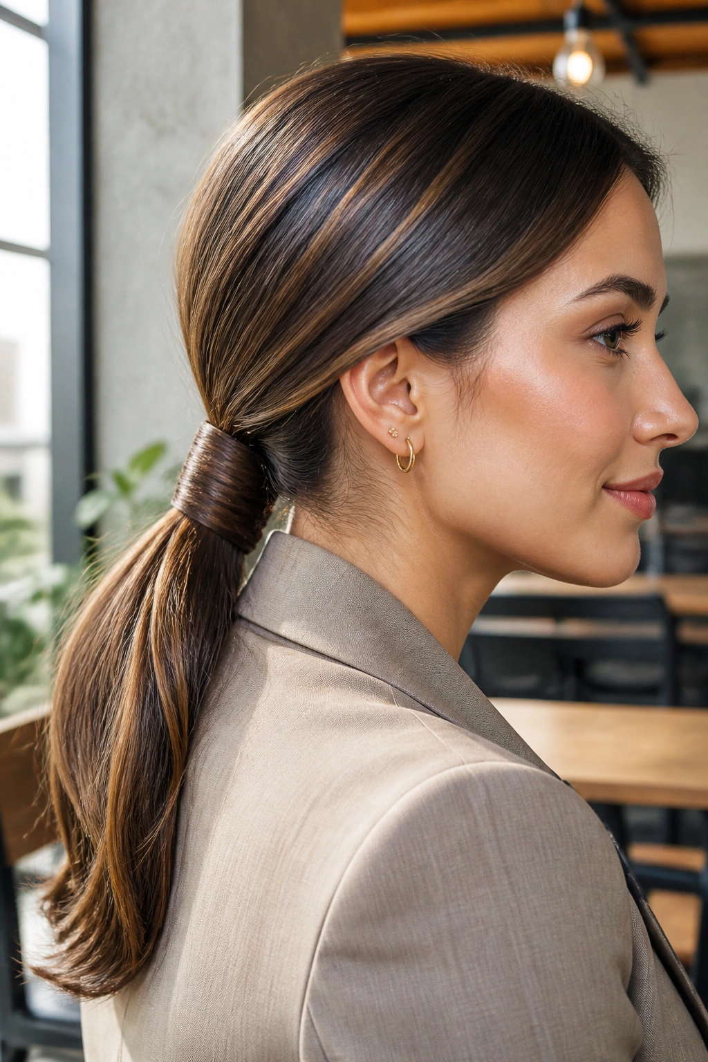 Close-up of a real woman with wrapped-band low ponytail in a bright coworking space