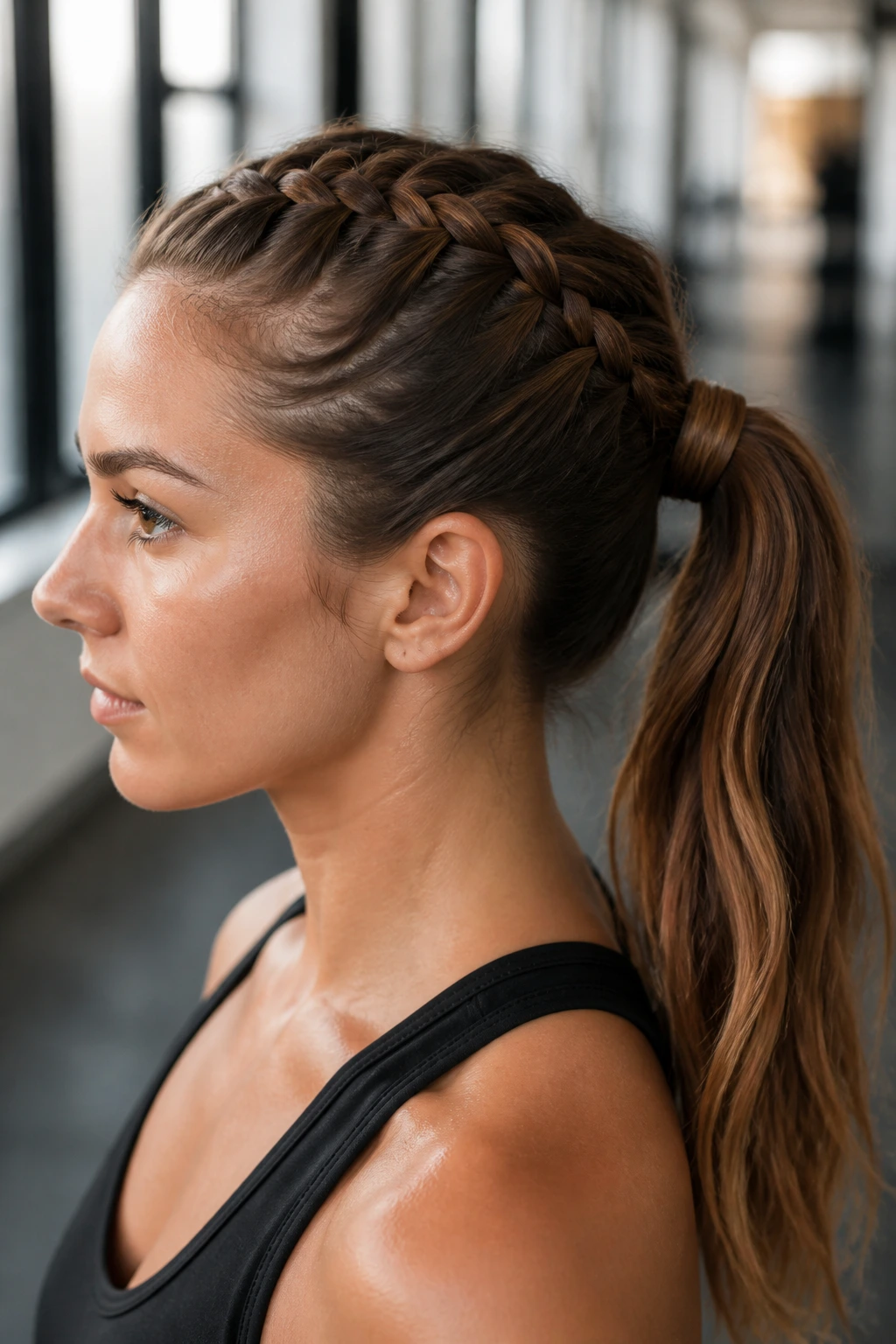Close-up of a real woman with a wrapped-base French Braid Ponytail against a gym background