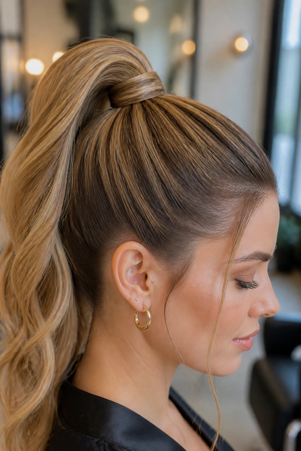 Close-up of a wrapped-base high ponytail with a hidden wrap