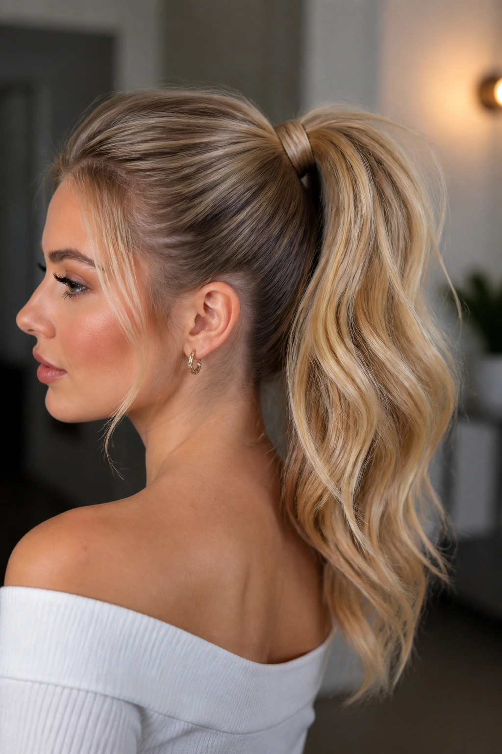 Close-up of a real woman with a wrapped-base ponytail for fuller appearance