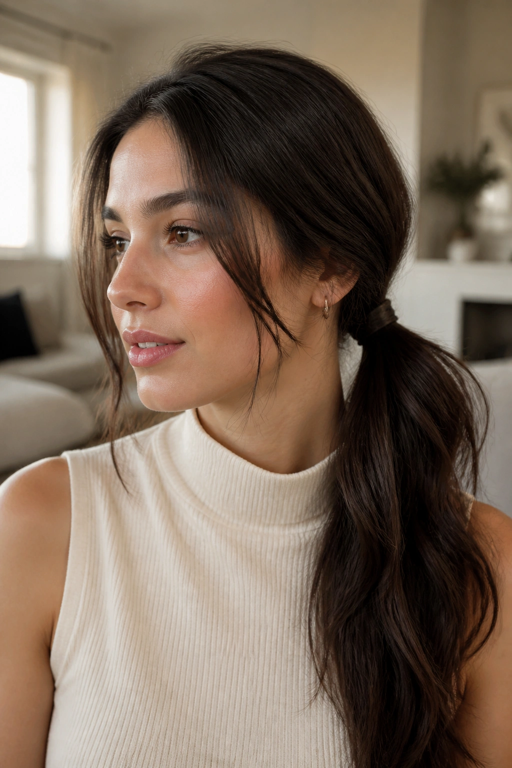 Real woman with Wrapped-Base Side Ponytail showing wrapped elastic