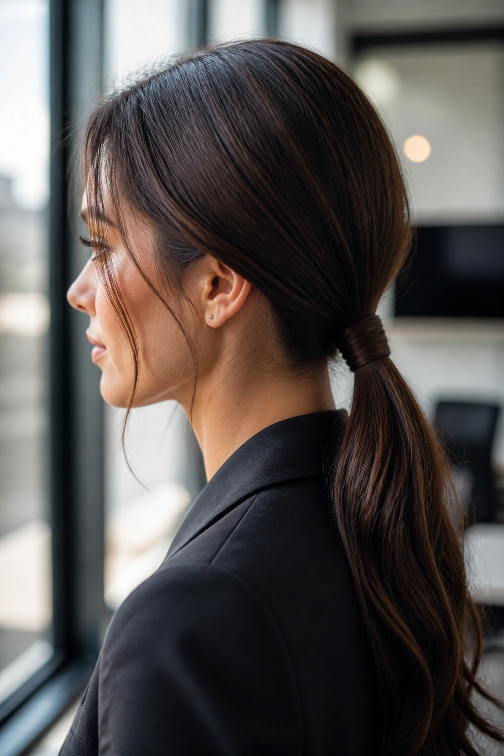 Real woman with wrapped-base low ponytail showing wrapped strand