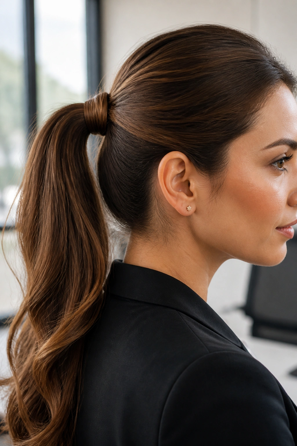 Close-up of real woman with wrapped-base ponytail showing hidden elastic
