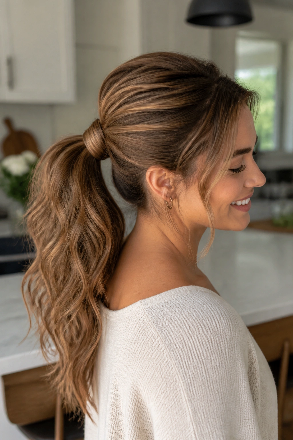 Portrait of woman with wrapped-base ponytail and visible wrap at base