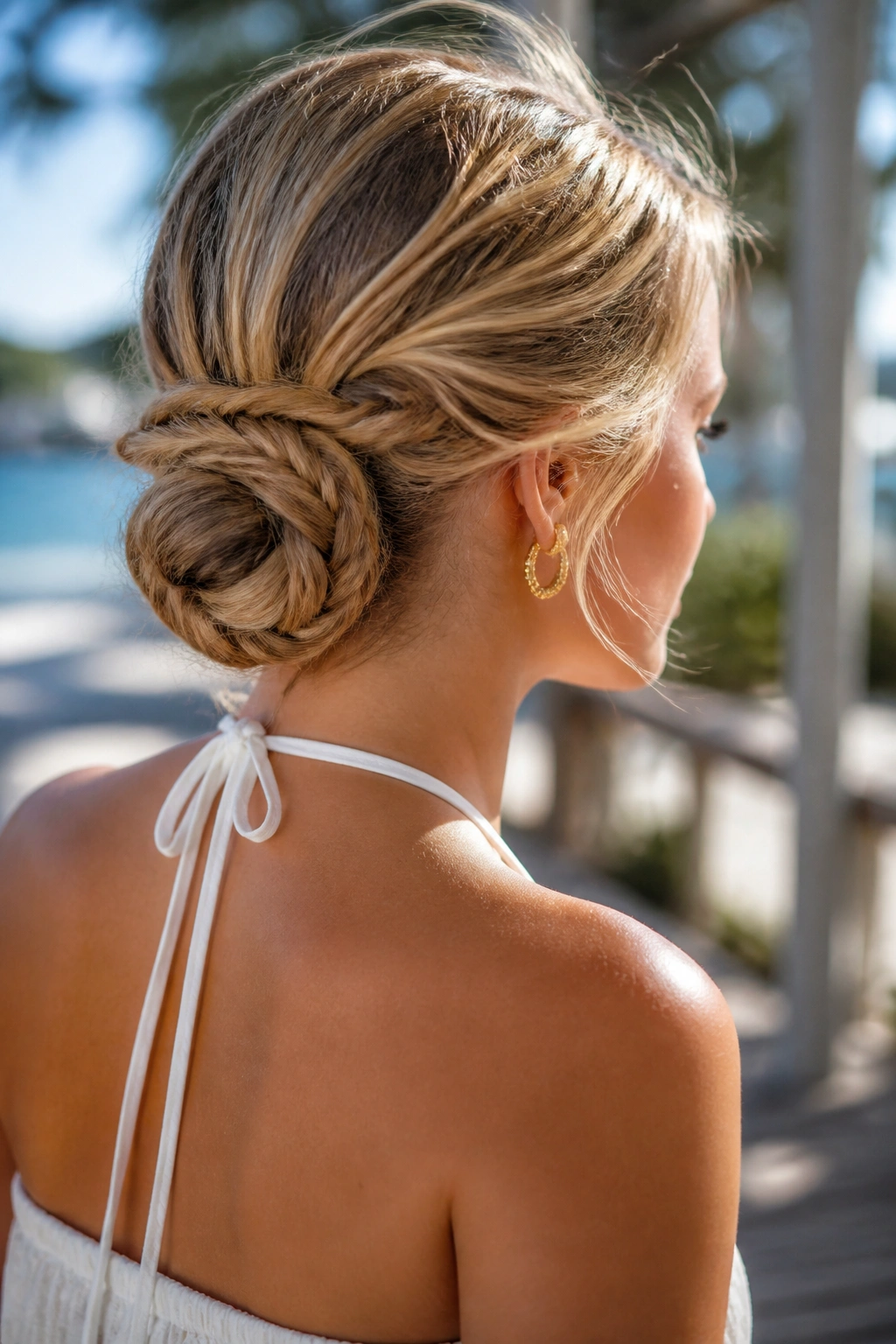 Close-up of a real woman with a wrapped braid bun at the base of the head on a beach setting