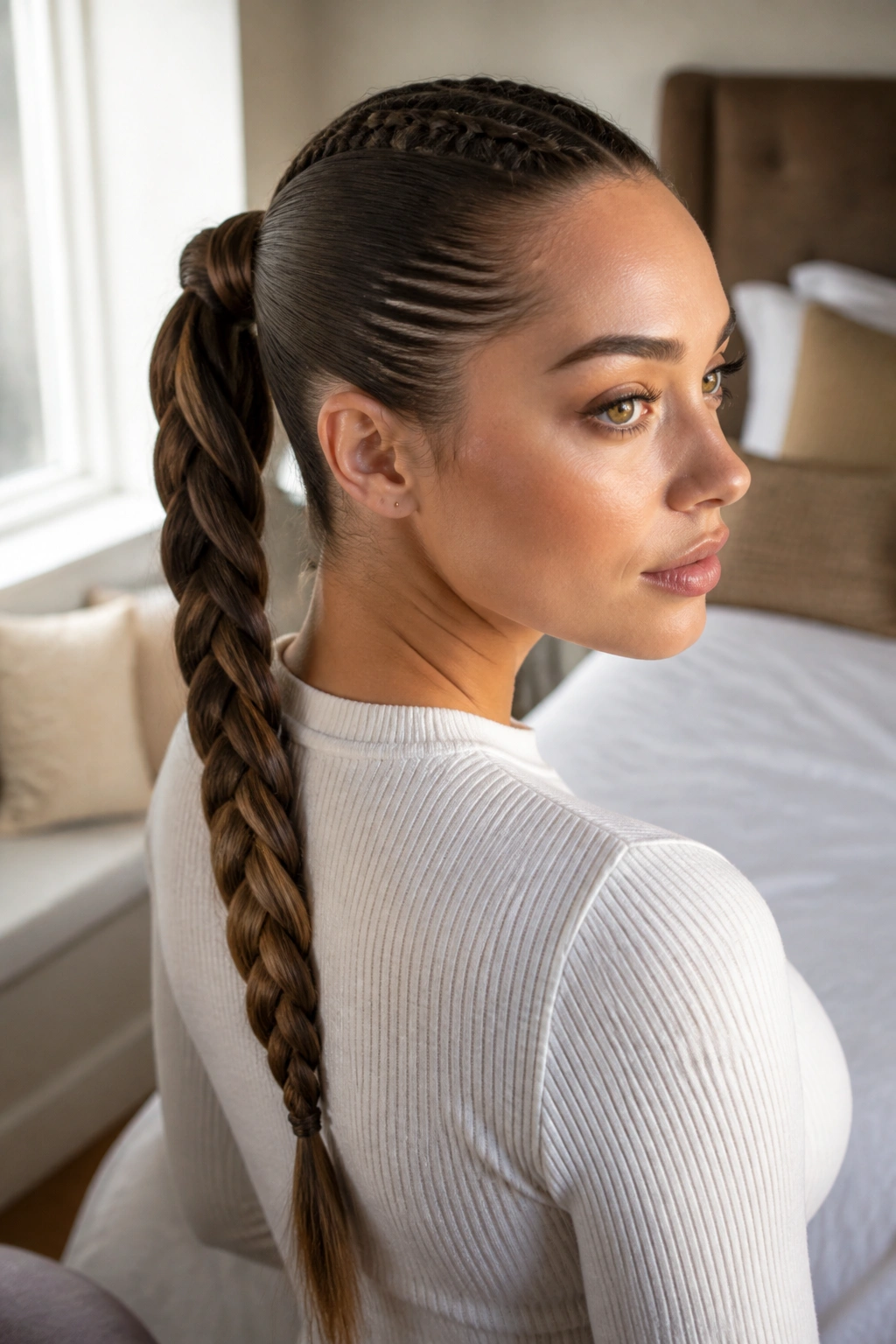 Close-up of a wrapped braided ponytail on a real woman with a sleek crown braid and polished tie
