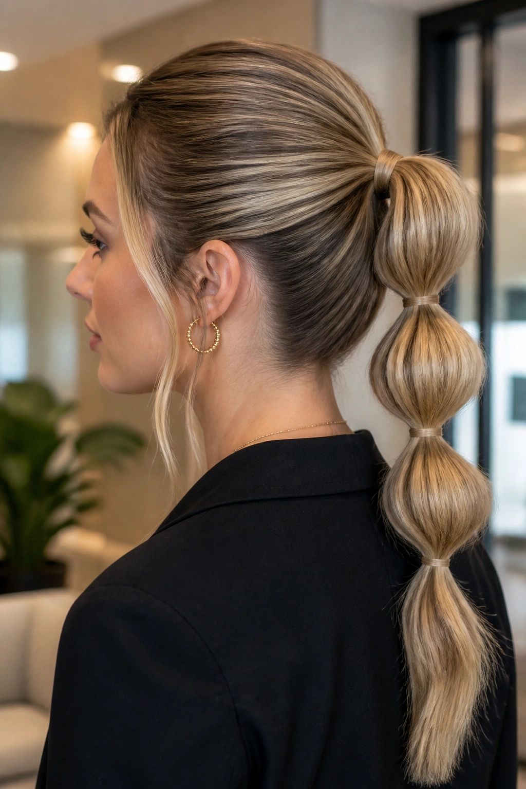 Close-up of a real woman with a wrapped bubble ponytail hiding the elastics.