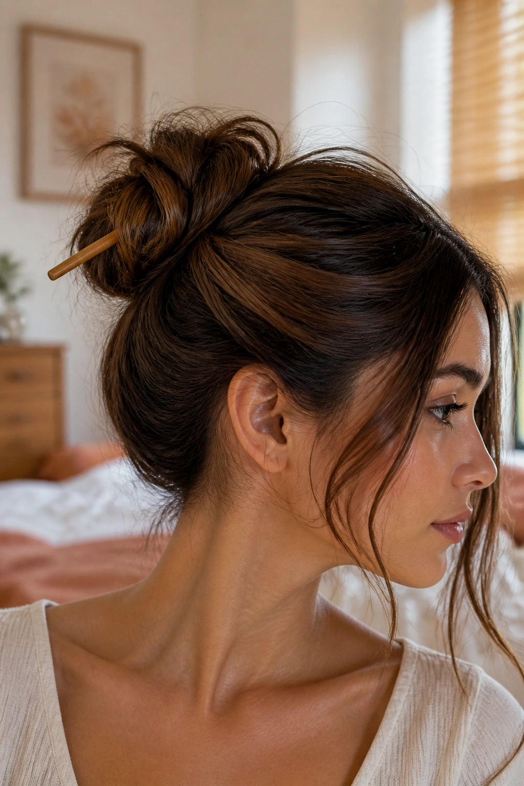 Close-up of wrapped bun with hair stick on a real woman's head in warm natural light