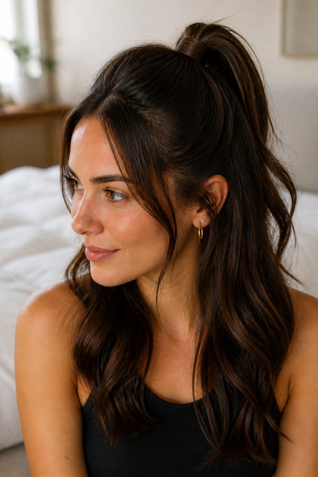 Close-up of a real person with a wrapped-elastic half ponytail in a cozy bedroom.