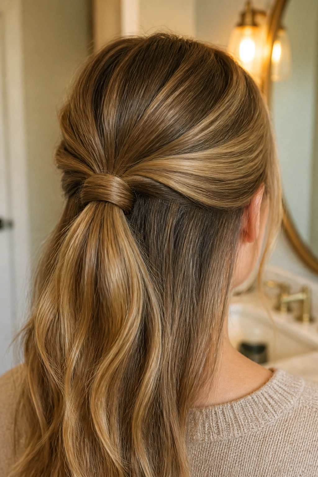 Close-up of a real woman with a wrapped-elastic half up hairstyle