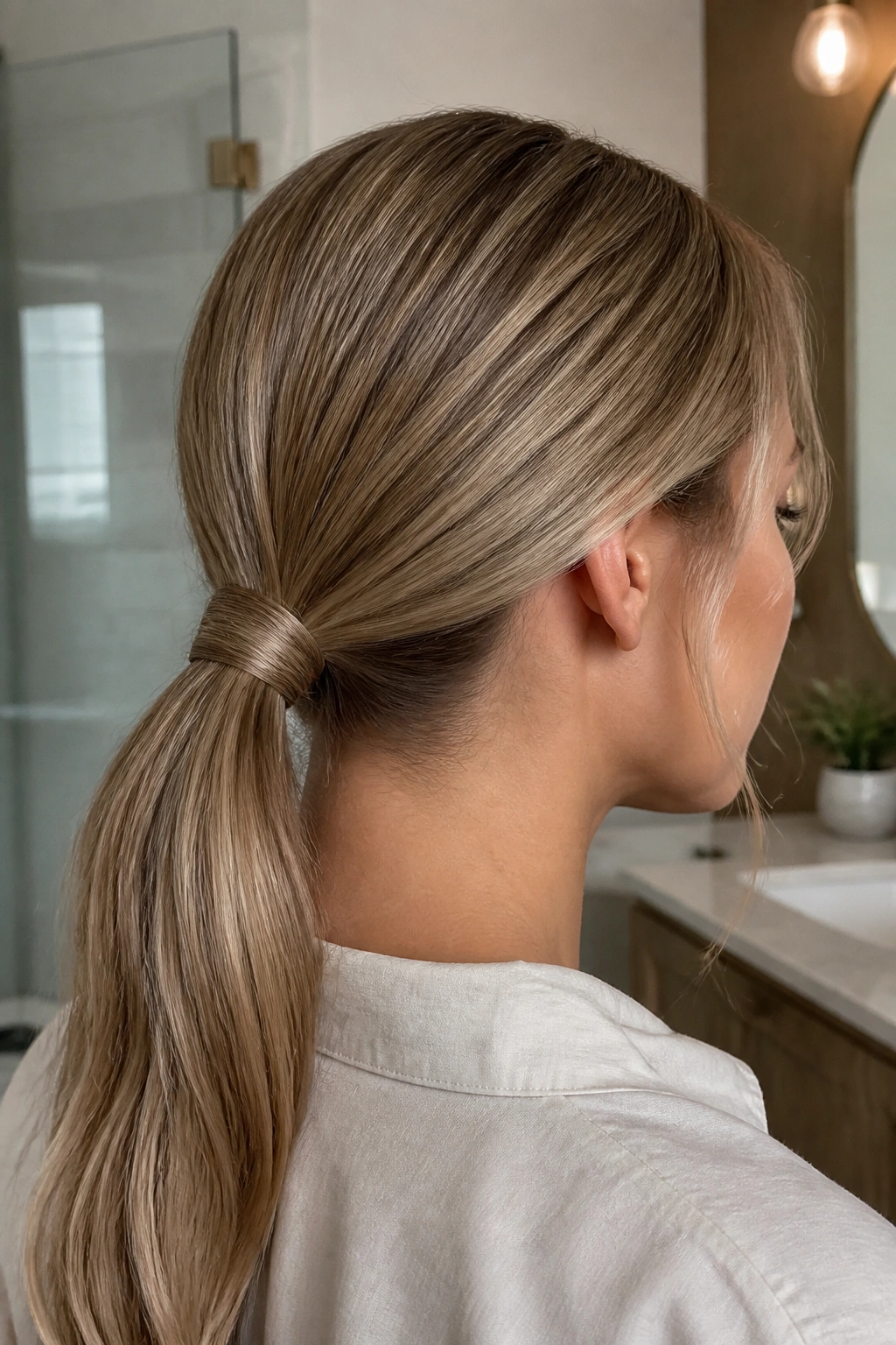 Close-up of a real woman with a wrapped-elastic low ponytail concealing the hair tie