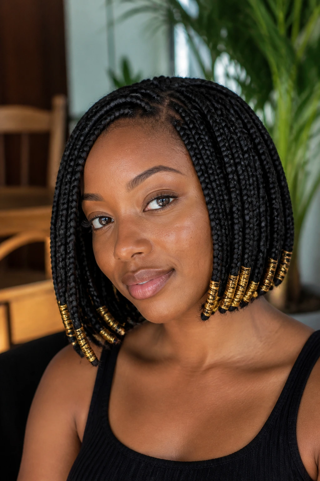 Close-up of a real Black woman with wrapped-end braided bob and metallic thread ends