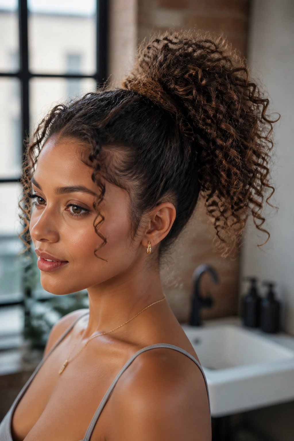 Close-up portrait of a real woman with wrapped high curly ponytail
