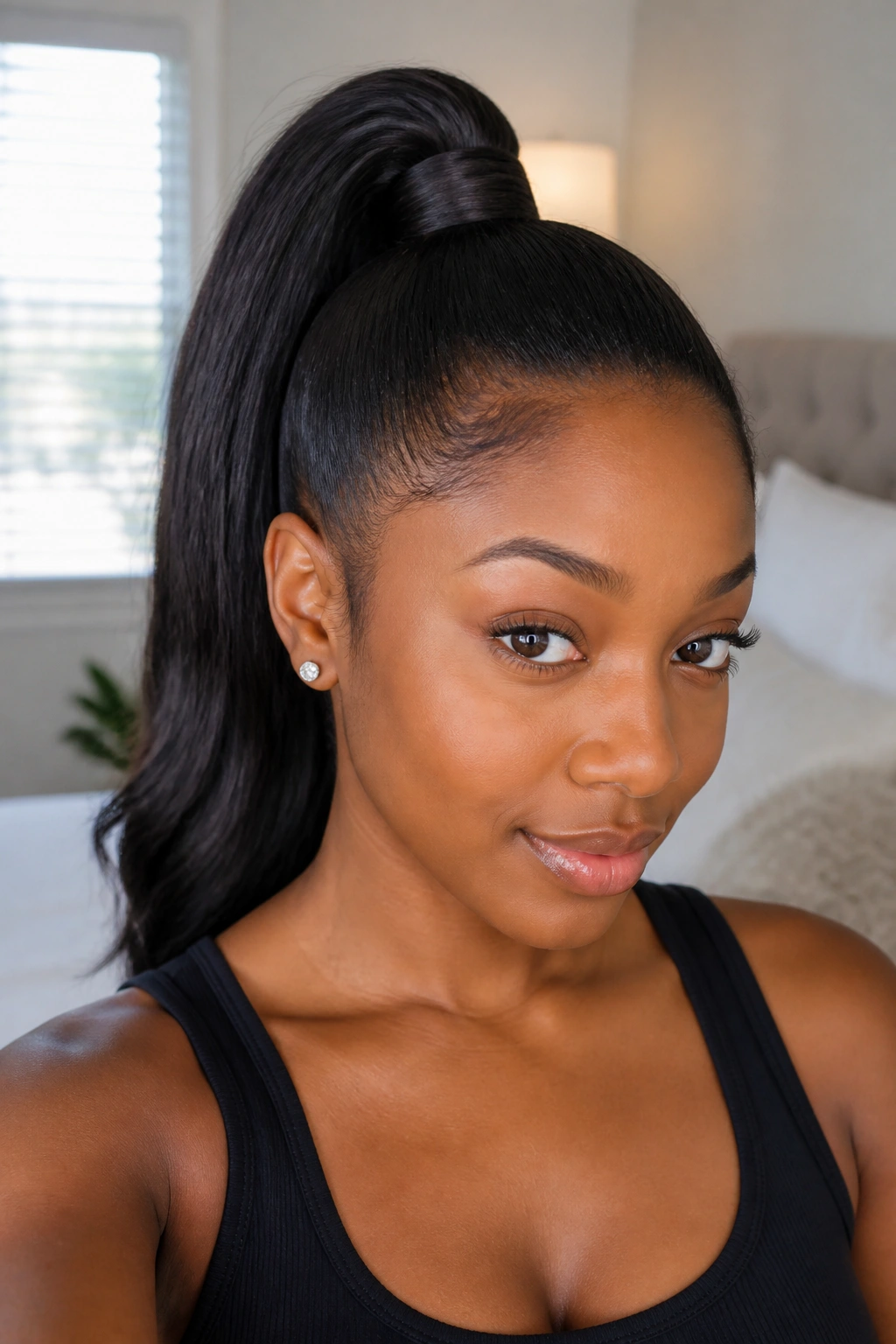 Close-up of a real Black woman with a wrapped high ponytail.