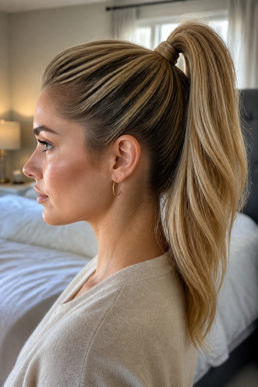 Side-profile of a woman with a high ponytail wrapped at the base
