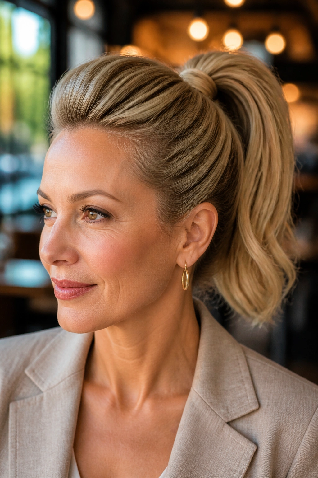 Close-up of a real woman with a wrapped high ponytail and crown lift in a cafe setting