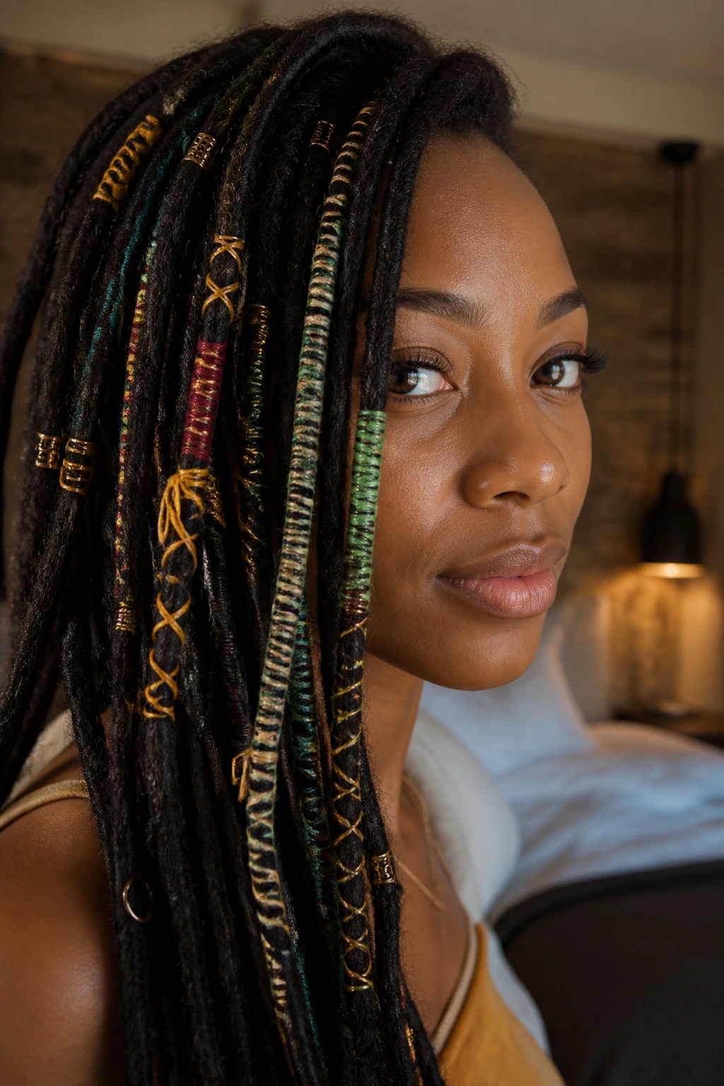 Portrait of a person with wrapped locs featuring colorful thread