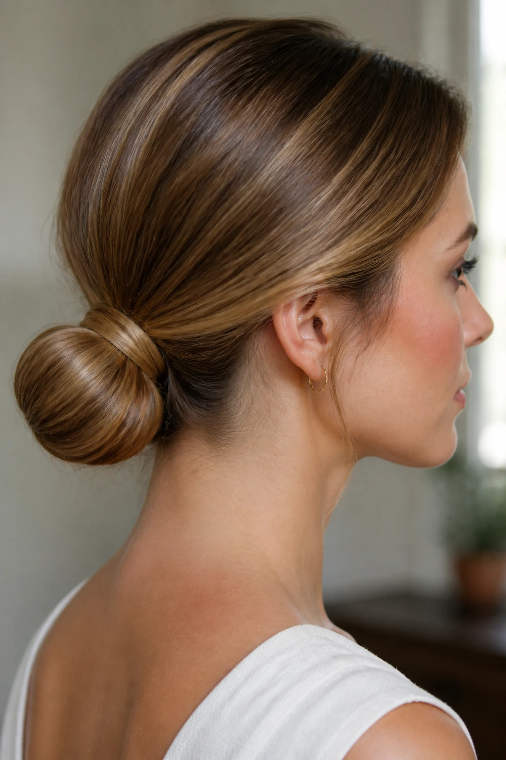 Close-up of a real woman featuring a wrapped low bun at the nape