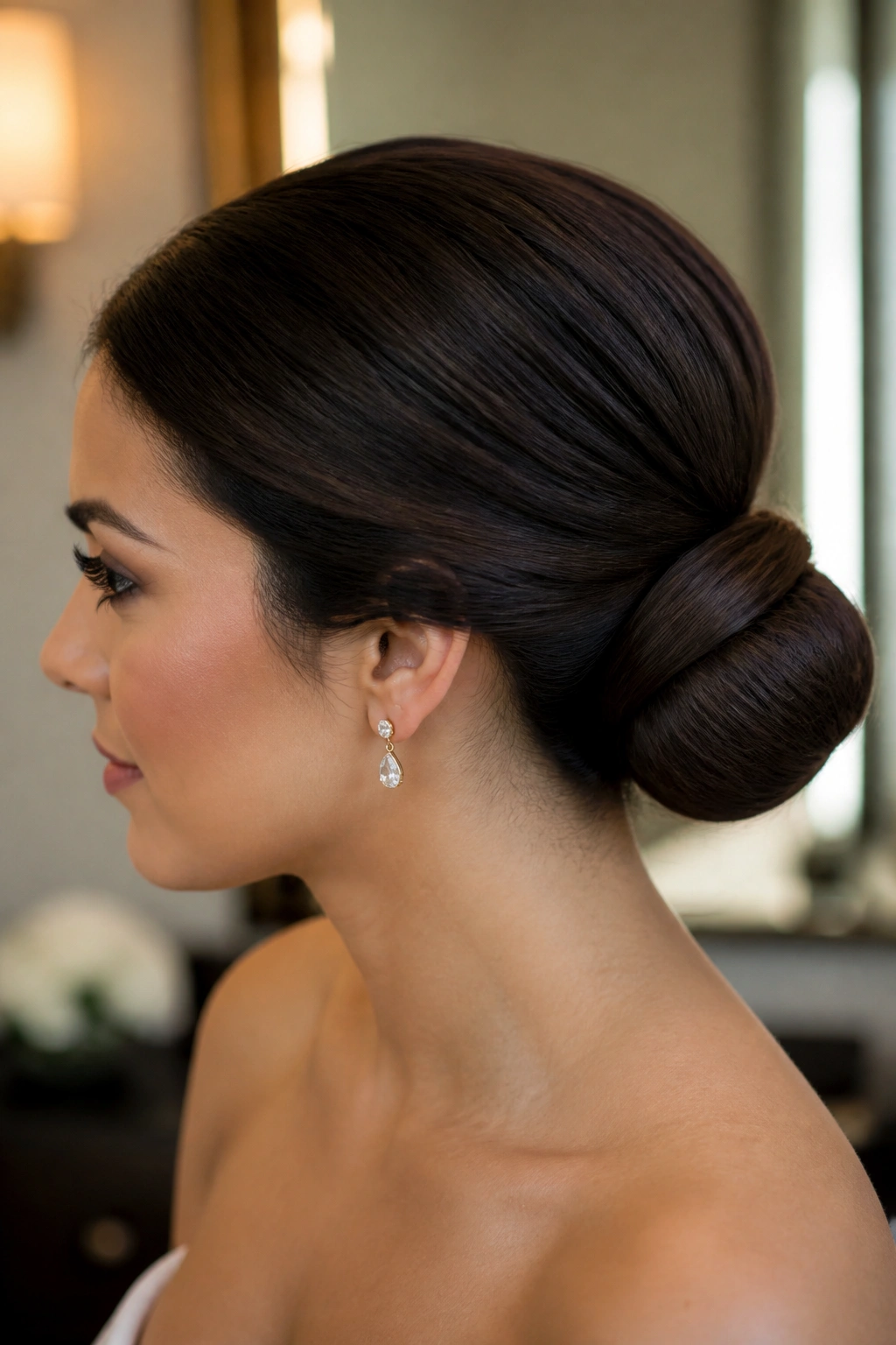 Close-up portrait of a real woman with a wrapped low bun and hidden pins