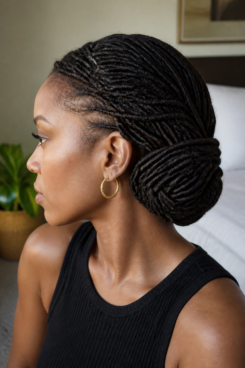 Close-up of a real person with a dense wrapped low chignon at the nape