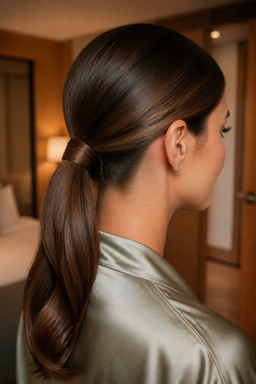 Close-up of a real woman wearing a wrapped low ponytail in a hotel room