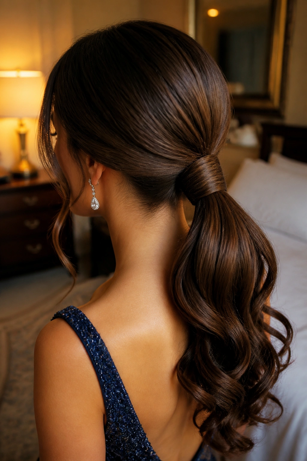 Close-up of real woman with wrapped low ponytail and curled ends