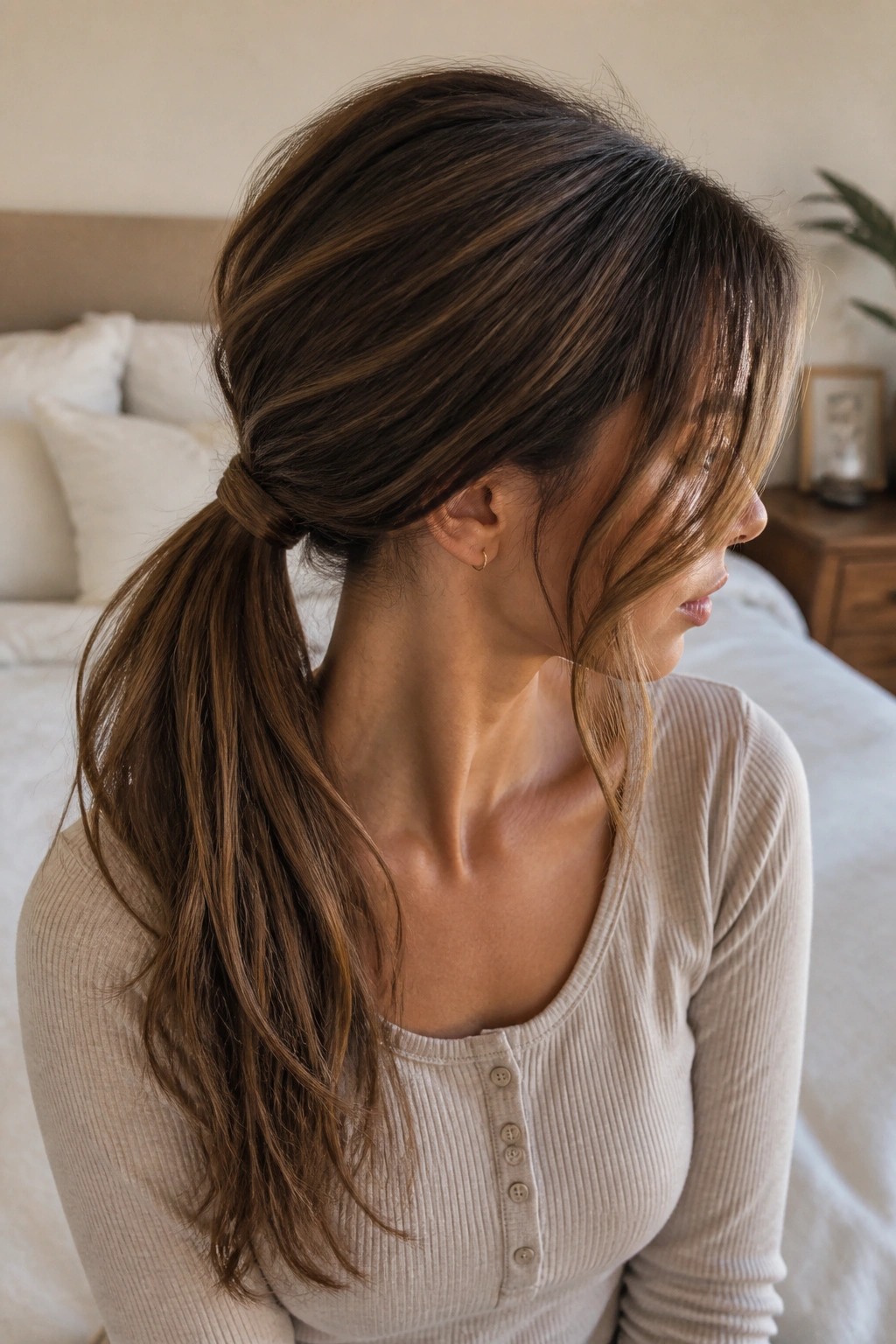 Real woman with wrapped low ponytail and face-framing pieces in soft-lit room