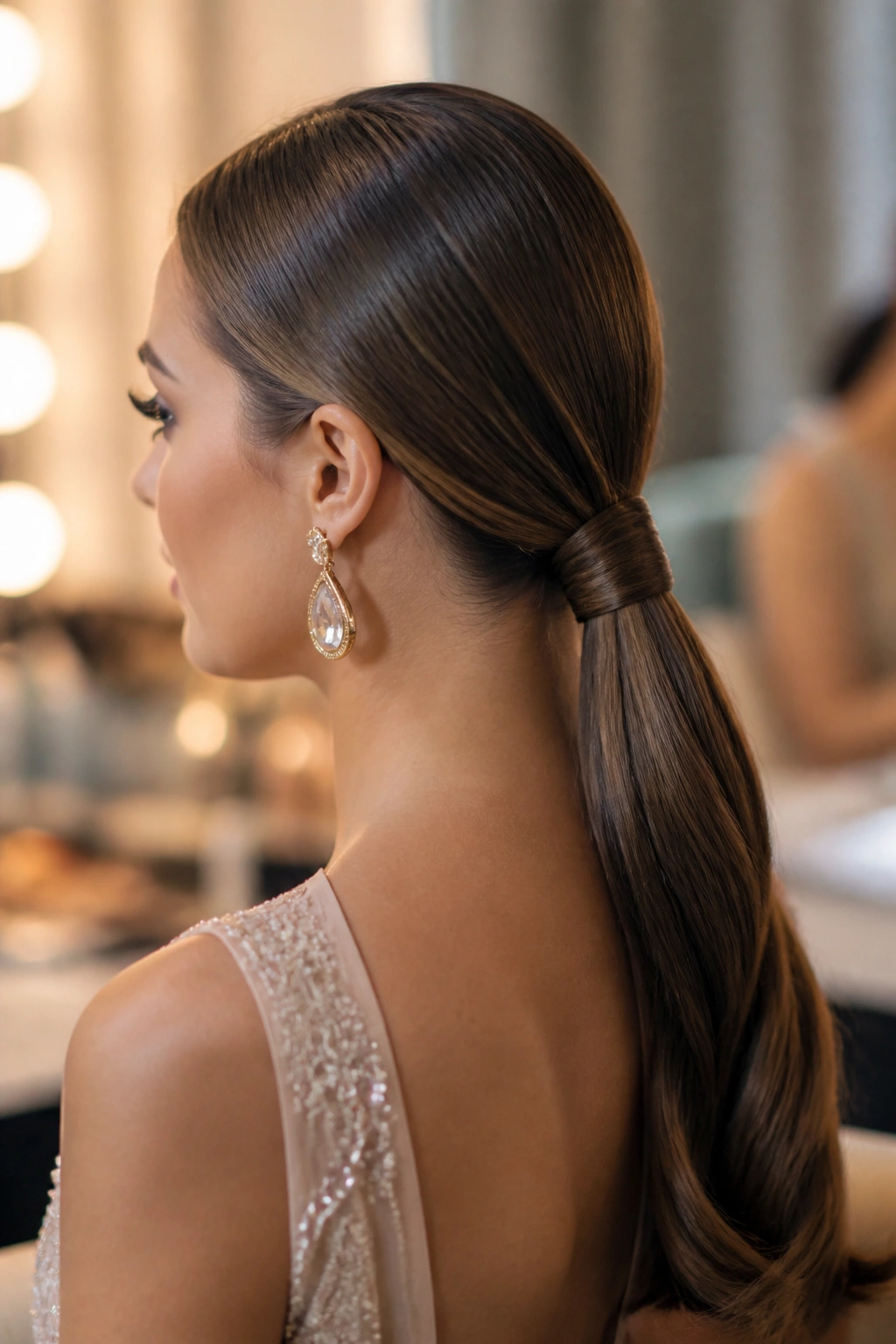 Close-up of a wrapped low ponytail with a thin strand wrapped around the elastic.