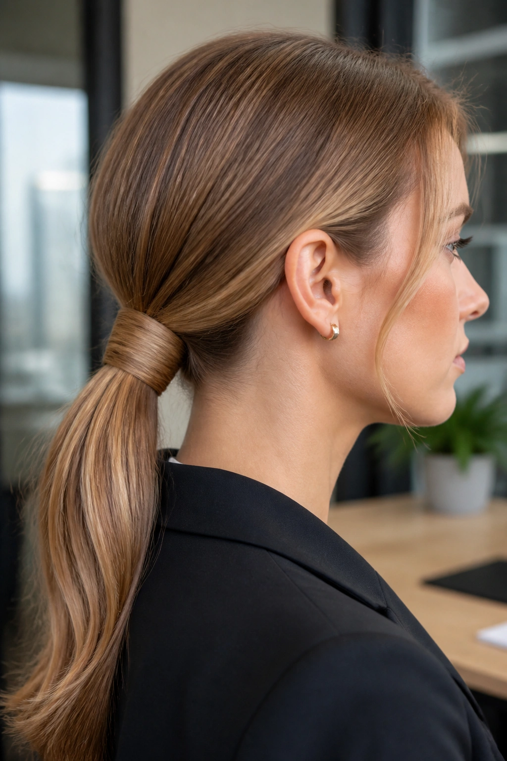 Close-up of a wrapped low ponytail with elastic hidden by a hair wrap
