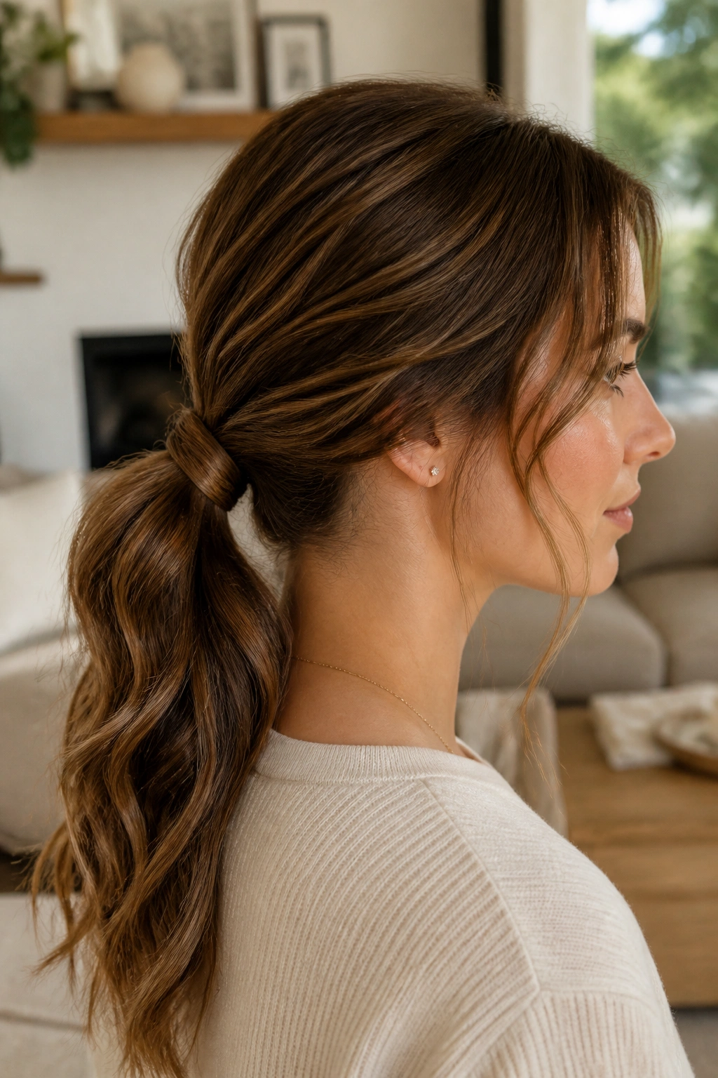 Profile of a real person with a wrapped low ponytail and flowing waves