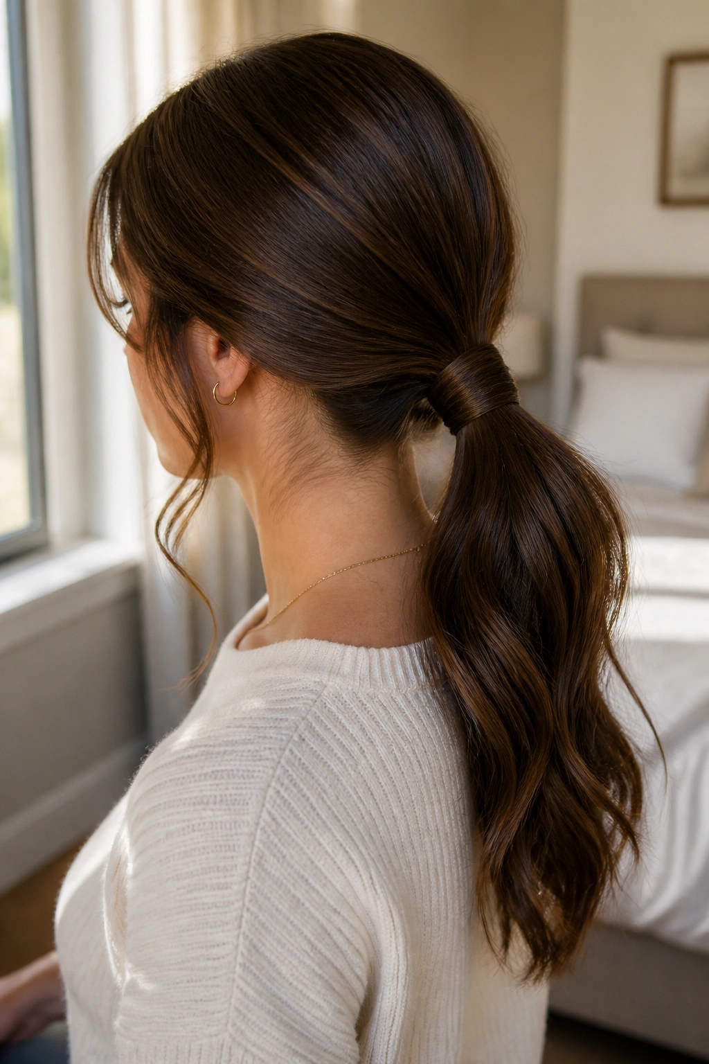 Close-up of a real person with a wrapped low ponytail at the nape, softly lit by window light.